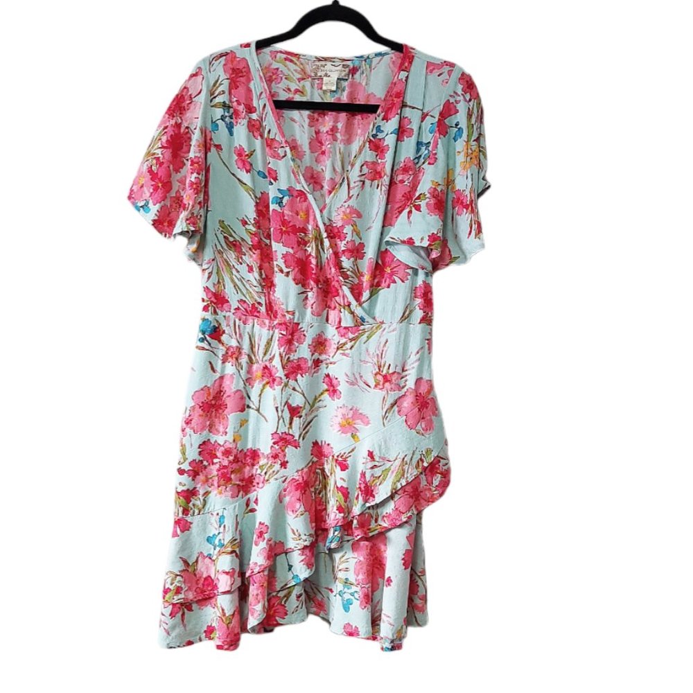 B.o.g Collective Mini Dress Faux Wrap Ruffles Floral Tiered Flounce Medium